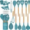 Kitchen Cooking Utensils Set, 33 pcs Non-Stick Silicone Cooking Kitchen Utensils Spatula Set with Holder, Wooden Handle Silicone Kitchen Gadgets Utensil Set (Khaki)