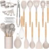 Kitchen Cooking Utensils Set, 33 pcs Non-Stick Silicone Cooking Kitchen Utensils Spatula Set with Holder, Wooden Handle Silicone Kitchen Gadgets Utensil Set (Khaki)