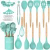 Kitchen Cooking Utensils Set, 33 pcs Non-Stick Silicone Cooking Kitchen Utensils Spatula Set with Holder, Wooden Handle Silicone Kitchen Gadgets Utensil Set (Khaki)