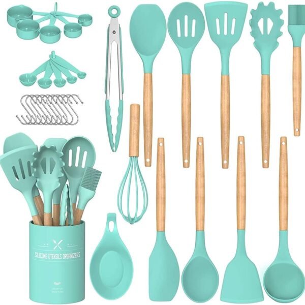 Kitchen Cooking Utensils Set, 33 pcs Non-Stick Silicone Cooking Kitchen Utensils Spatula Set with Holder, Wooden Handle Silicone Kitchen Gadgets Utensil Set (Khaki)