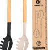 Pack of 2 Spaghetti Spoon, Silicone Pasta Fork with Wooden Handle, Heat Resistant Noodle Spoon Server, BPA Free Spaghetti Strainer(BLACK-WHITE)