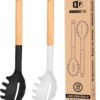 Pack of 2 Spaghetti Spoon, Silicone Pasta Fork with Wooden Handle, Heat Resistant Noodle Spoon Server, BPA Free Spaghetti Strainer(BLACK-WHITE)