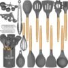 Kitchen Cooking Utensils Set, 33 pcs Non-Stick Silicone Cooking Kitchen Utensils Spatula Set with Holder, Wooden Handle Silicone Kitchen Gadgets Utensil Set (Khaki)