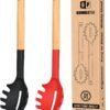 Pack of 2 Spaghetti Spoon, Silicone Pasta Fork with Wooden Handle, Heat Resistant Noodle Spoon Server, BPA Free Spaghetti Strainer(BLACK-WHITE)